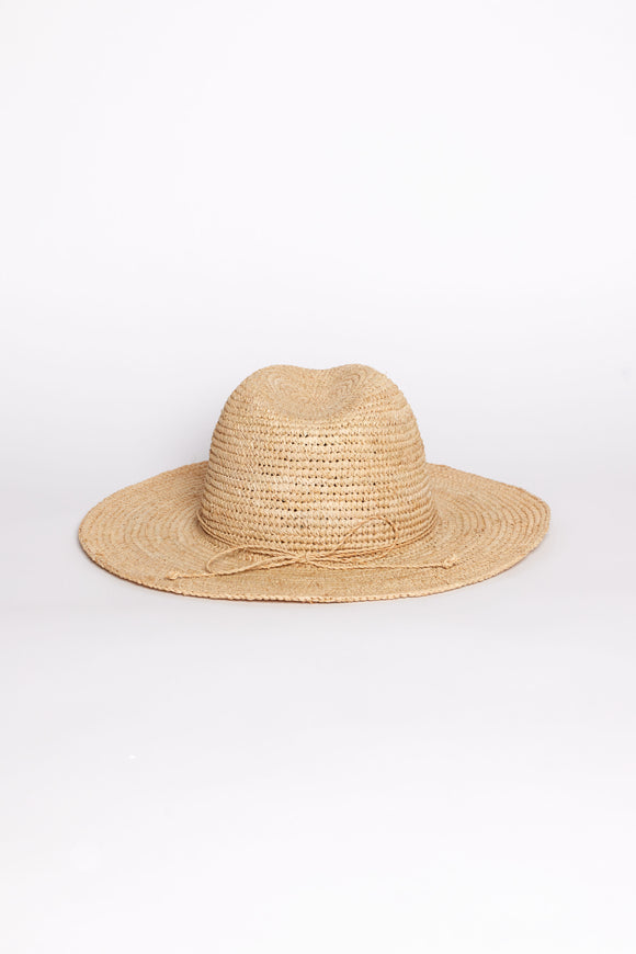 Beige straw hat with a tie trim on a white background