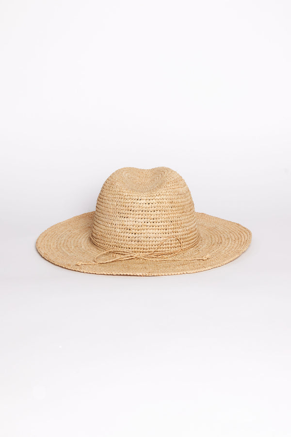 Beige straw hat with a tie trim on a white background