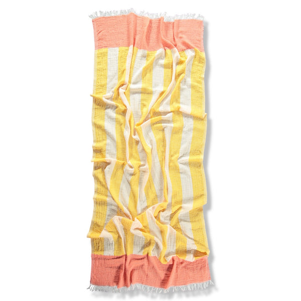 Colorful striped towel with coral and yellow pattern on a white background