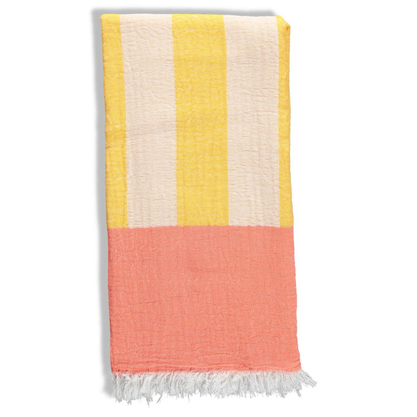 Coral and yellow colorful striped towel on a white background
