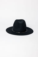 Black fedora hat with a chain detail on a white background