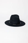 Black fedora hat with a chain detail on a white background