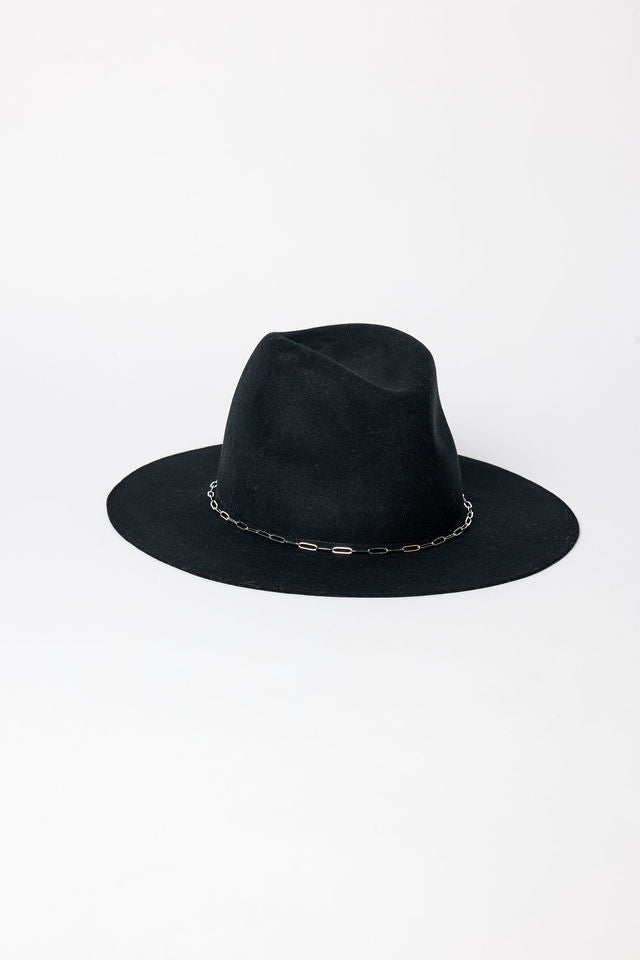 Black fedora hat with a chain detail on a white background