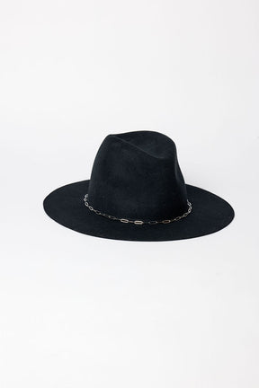 Black fedora hat with a chain detail on a white background