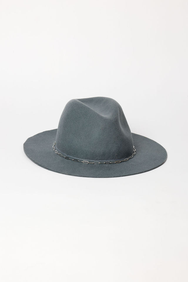 Slate gray fedora hat on a white background