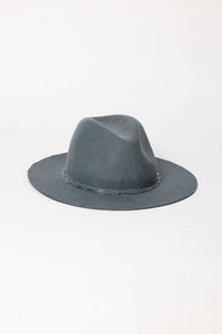 Slate gray fedora hat on a white background