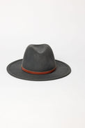 Gray fedora hat with a brown band on a white background