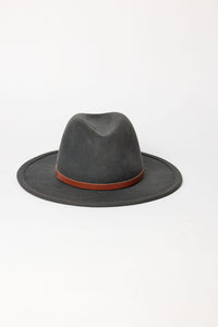 Gray fedora hat with a brown band on a white background