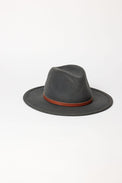 Gray fedora hat with a brown band on a white background