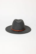 Gray fedora hat with a brown band on a white background