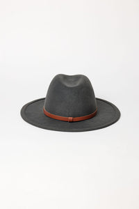 Gray fedora hat with a brown band on a white background