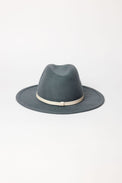 Blue fedora hat with a white band on a light gray background