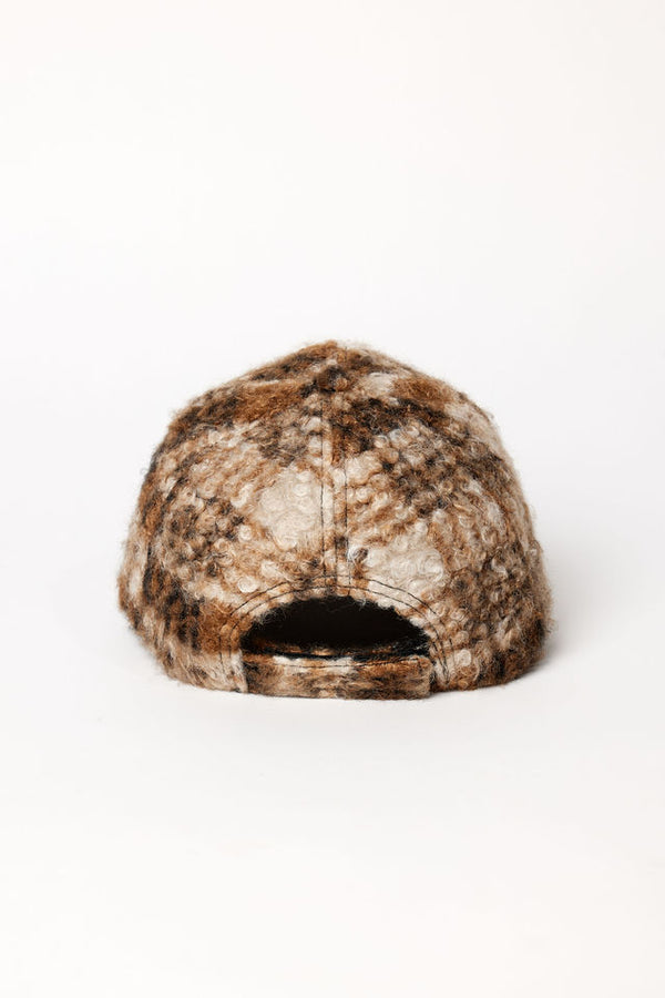 Back of brown plaid faux fur baseball cap
