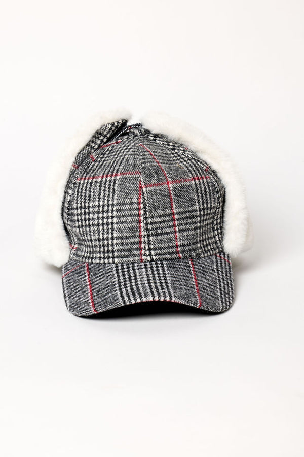 Black plaid cap with earflaps