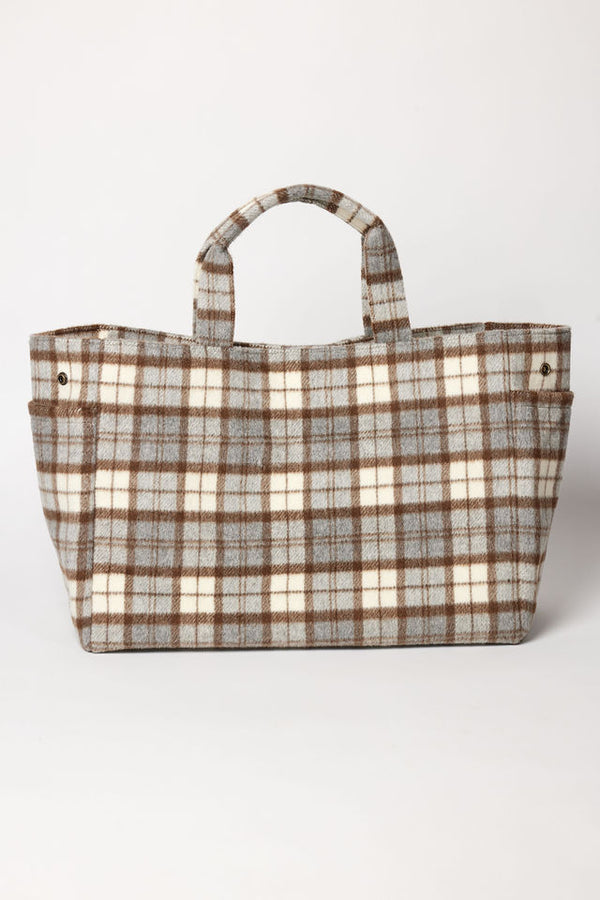 Brown and grey plaid tote bag on a white background