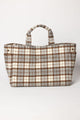 Brown and grey plaid tote bag on a white background