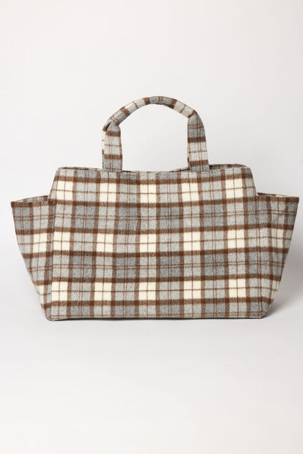 Brown and grey plaid tote bag, expanded, on a white background