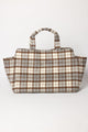 Brown and grey plaid tote bag, expanded, on a white background