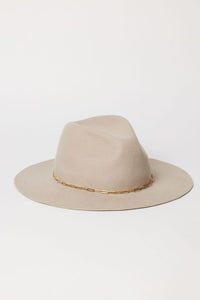 Beige hat with a gold chain band on a white background
