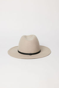 Beige fedora hat with a black band on a white background