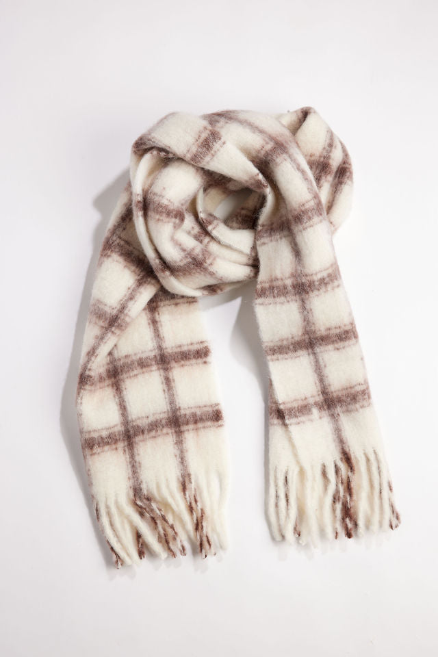 Brown and ivory window plaid scarf