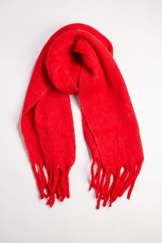 Red scarf with fringe