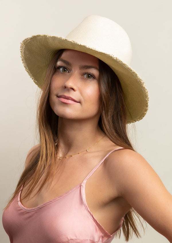 light tan panama hat on model