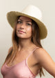 light tan panama hat on model