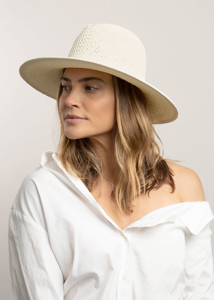 Perforated and Vented Packable hat in bleach on model