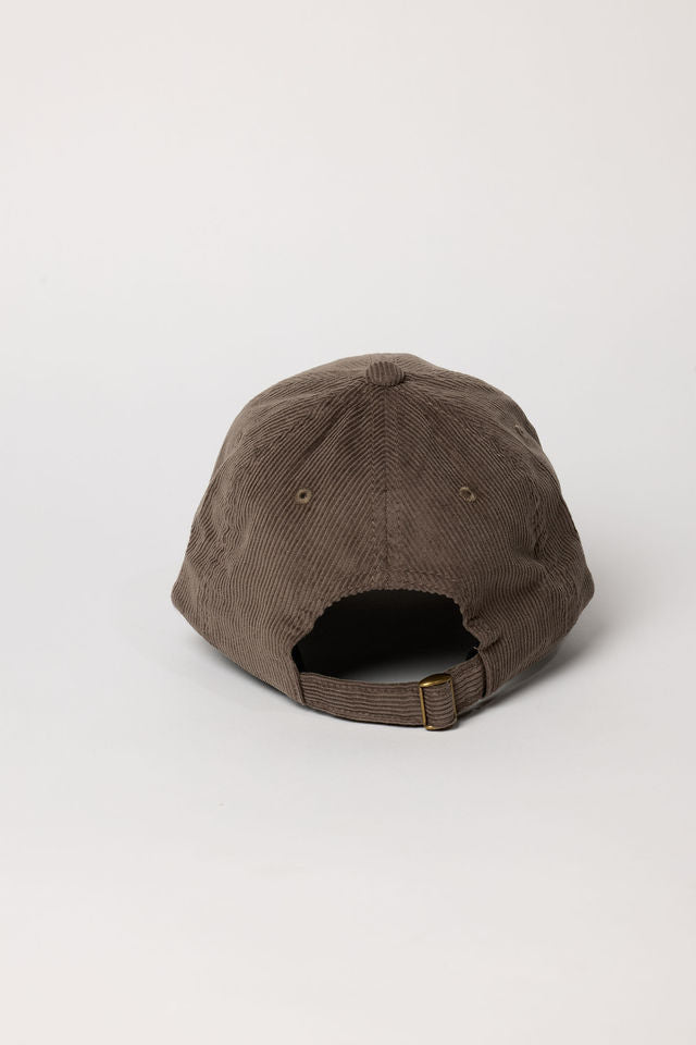 Back of taupe corduroy baseball cap