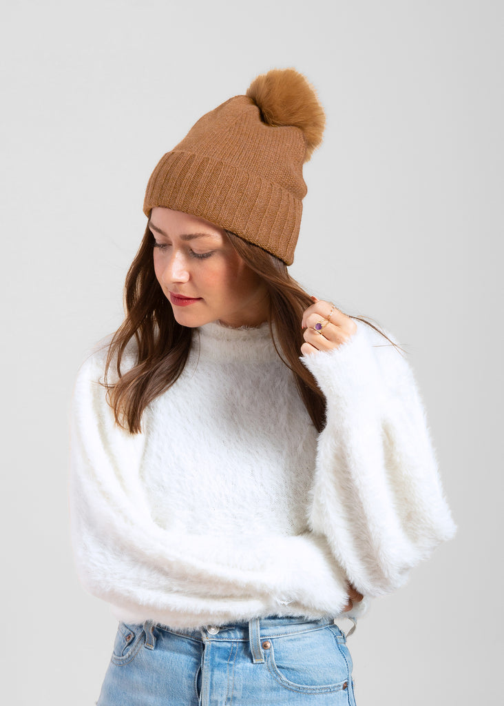 Cashmere Slouchy Cuff Hat with Real Fur Pom- Tobacco