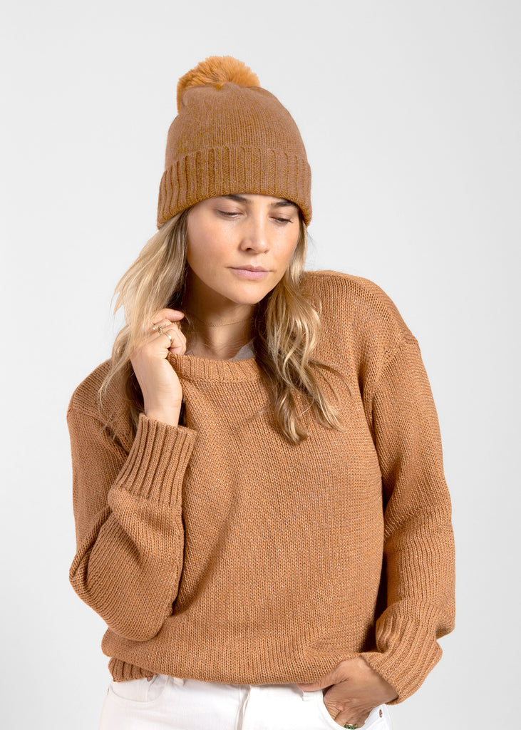 Cashmere Slouchy Cuff Hat with Faux Fur Pom- Tobacco