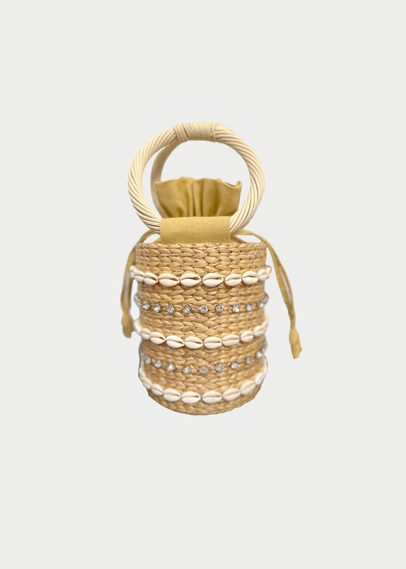 Mini straw bag with shell and stone detail