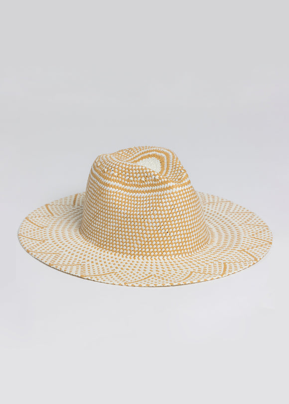 3/4 angle of Ivory and Tan Woven Sun Hat