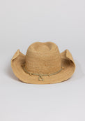 Back of raffia straw cowboy hat with metallic gold wrap detail