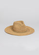 3/4 angle of raffia straw continental sunhat with gold wrap trim
