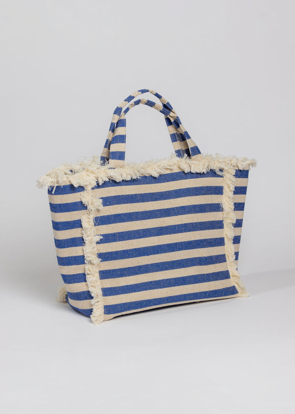 3/4 angle of blue and tan striped cooler bag