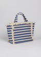 3/4 angle of blue and tan striped cooler bag