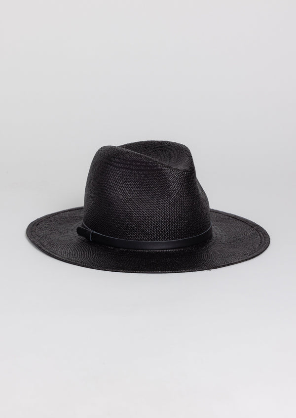 Black brimmed Panama hat with black trim