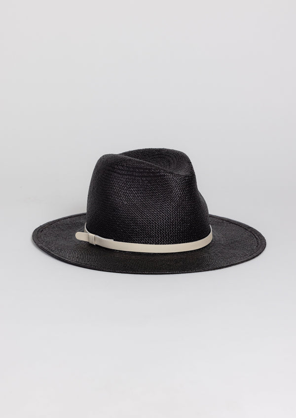 Black brimmed Panama hat with ivory trim