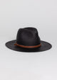 Black brimmed Panama hat with brown trim