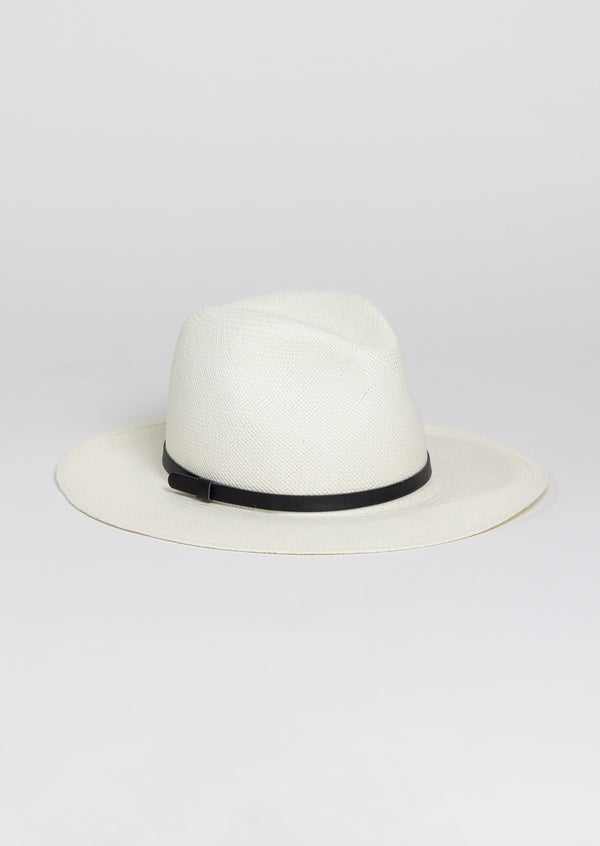 White brimmed Panama hat with black trim
