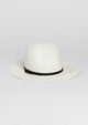 White brimmed Panama hat with black trim
