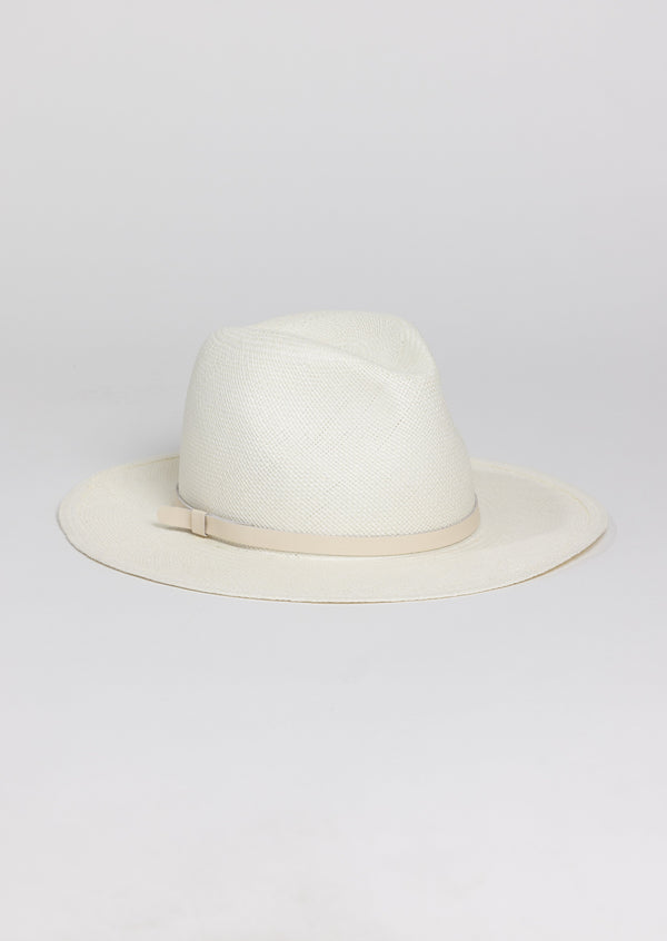 White brimmed Panama hat with ivory trim