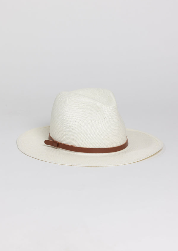 White brimmed Panama hat with brown trim