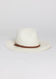 White brimmed Panama hat with brown trim