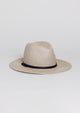 Light grey brimmed Panama hat with black trim