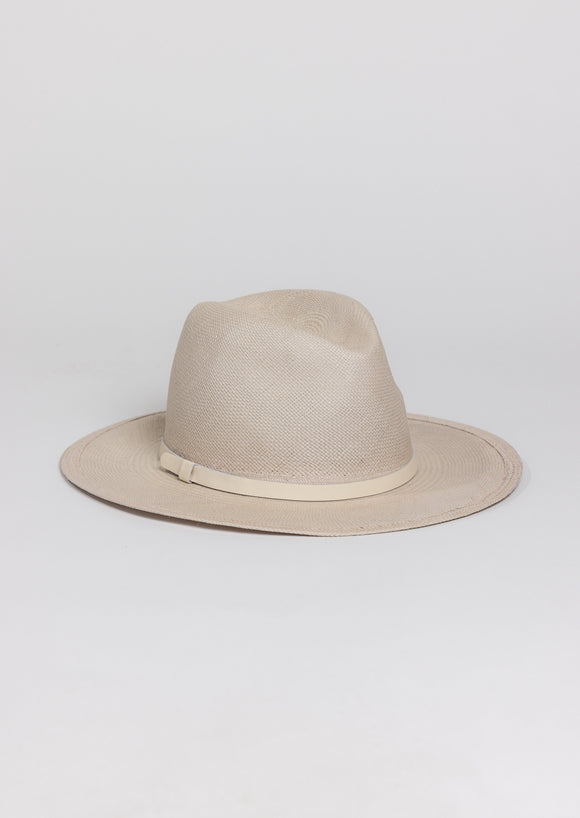 Light grey brimmed Panama hat with ivory trim