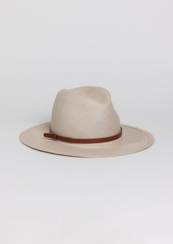 Light grey brimmed Panama hat with brown trim