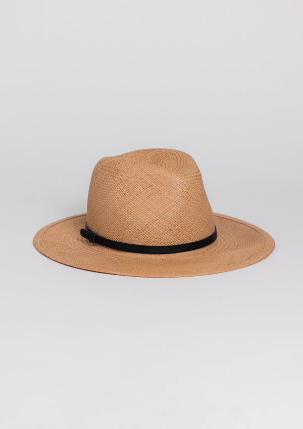 Pecan brimmed Panama hat with black trim